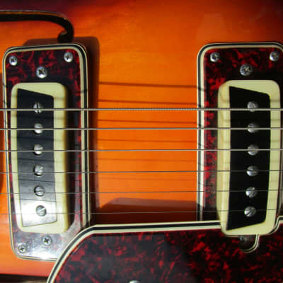 Conrad Violin Shape Guitar, 1960's,  Sunburst, Hang Tags, Scroll Headstock, Original Case image 7