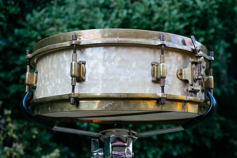 Vintage 1920s Leedy 'Full Dress' 14x4 Snare Drum in White Marine Pearl image 1