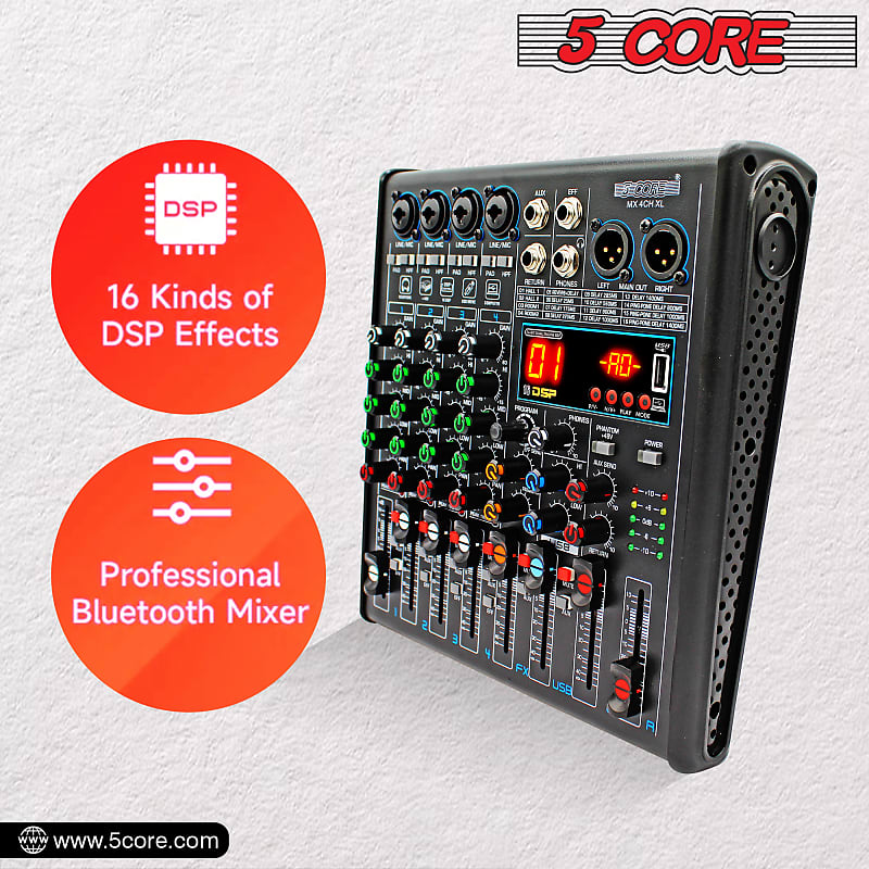 4 Channels Mixing Console Individual +48v Effects Bluetooth Usb