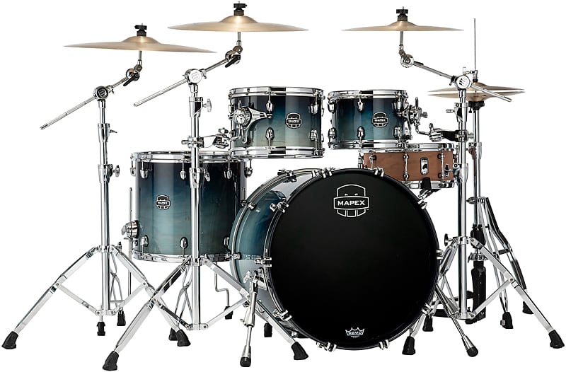 Mapex Saturn Rock 4-Piece 22|16|12|10 Maple and Walnut Hybrid Shell Pack | Teal Blue Fade image 1