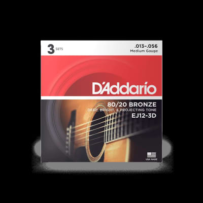 D'Addario EJ12-3D 80/12 Bronze Acoustic Guitar Strings, Medium, 13-56, 3 Sets image 3