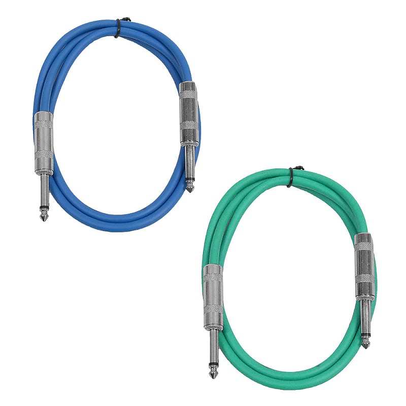 2 Pack of 2 Foot 1/4" TS Patch Cables 2' Extension Cords Jumper - Blue & Green image 1