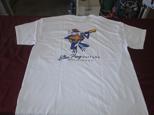 Blue Frog Custom Guitars Made in the USA  T-shirt  White / Blue and Grey/Blue image 1