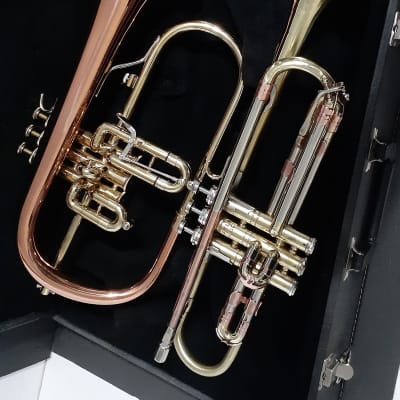 Blessing Flugelhorn & GETZEN Super Deluxe Trumpet W Combo Case & MP's - Clear Lacquer / Raw Brass image 3