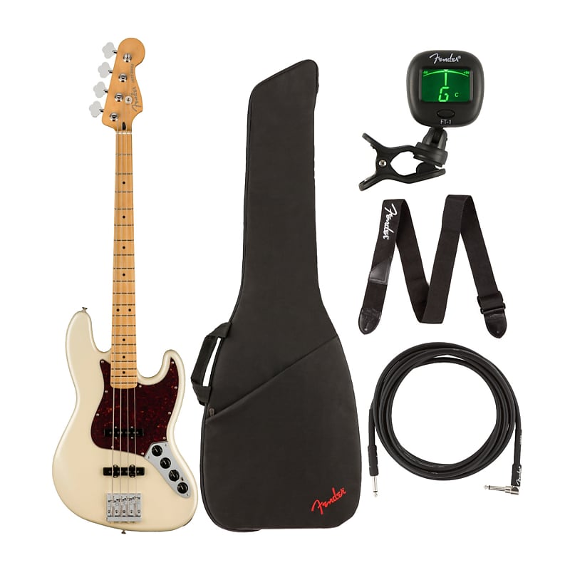 Fender Player Plus 4-String Maple Fingerboard Jazz Bass Guitar  (Right-Handed, Olympic Pearl) Bundle with Guitar Strings, Gig Bag,  Instrument Cable,