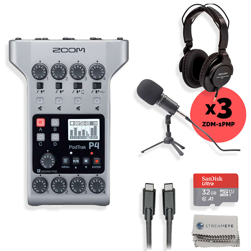 Zoom PodTrak P4 Portable Podcast Recorder with 3x Zoom ZDM-1 Podcast  Microphone and Headphone Bundle, 4x AA Batteries, SanDisk 32GB SD Card,  USB-C to