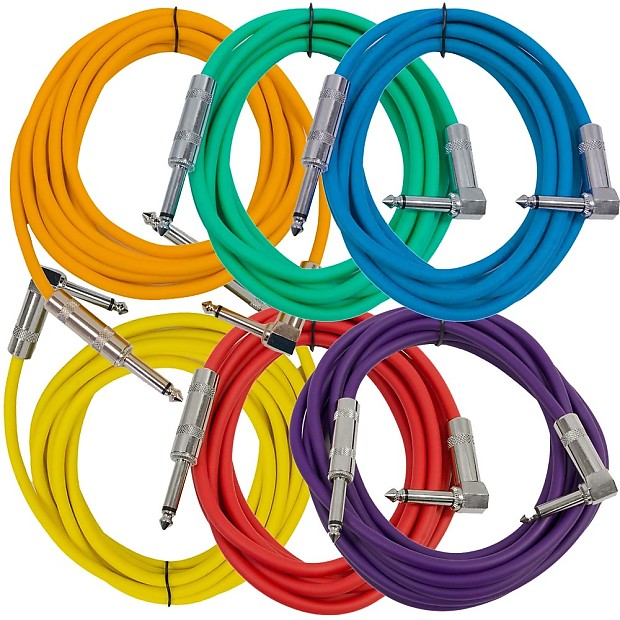 Seismic Audio SAGC10R-BRPGYO Right Angle to Straight 1/4" TS Guitar/Instrument Cables - 10' (6-Pack) image 1