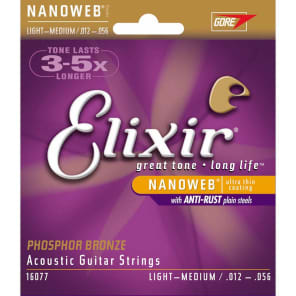 Elixir 16077 Nanoweb Phosphor Bronze Acoustic Guitar Strings - Light-Medium (12-56)