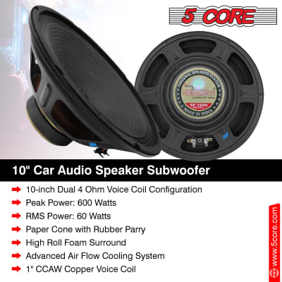5 Core 10 Inch Subwoofer PAIR Audio Raw Replacement PA DJ Speaker Sub Woofer 60W RMS Subwoofers 4 Ohm 1" Copper Voice Coil  SP 1090 2PCS image 3