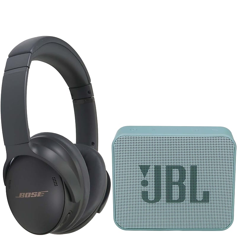 Bose QuietComfort 45 Noise-Canceling Wireless Over-Ear Headphones (Limited Edition, Eclipse Gray) + JBL Go 2 Wireless Waterproof Speaker Cyan image 1