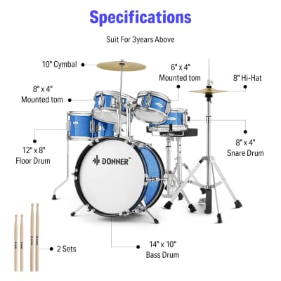 Kids Drum Sets- 5-Piece For Beginners,14 Inch Junior Drum Kit, With Adjustable Throne, Cymbal, Hi-Hat, Pedal & Drumstick,Gift For Child-Blue image 3