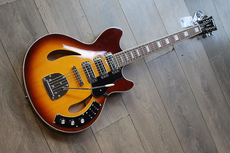 VINTAGE REVO Series 'Custom Supreme' Baritone VI Semi-Acoustic Guitar ~ Tobacco Sunburst, 3, 93 KG image 1