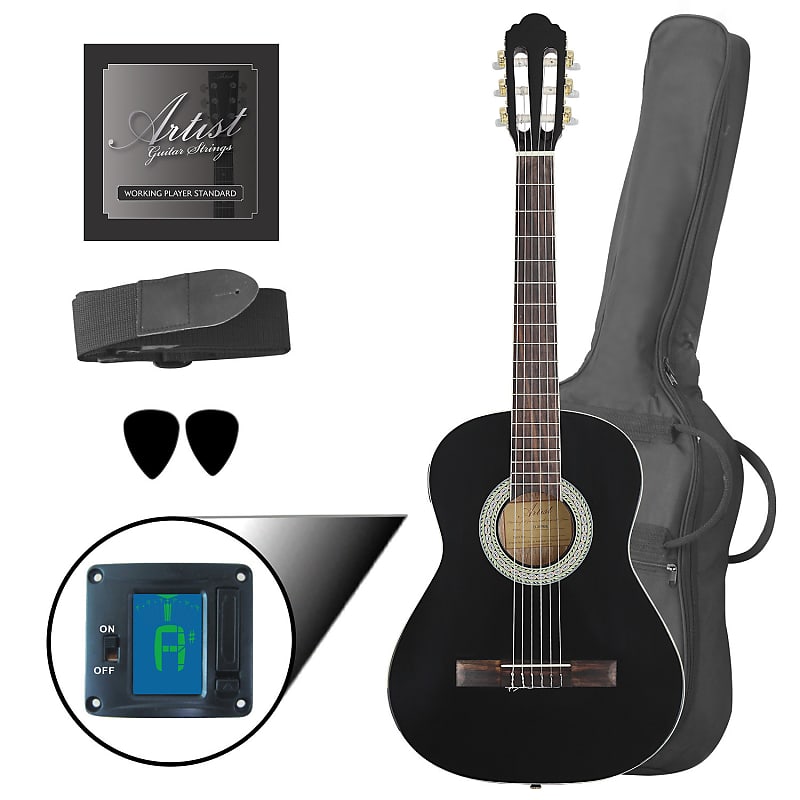 Artist CL34BK 3 4 Size Black Classical Nylon String Guitar Pack