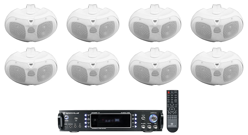 (8) Rockville D4-16 White Dual 4&quot; 16 Ohm Outdoor Home Patio Speakers+Receiver  			
