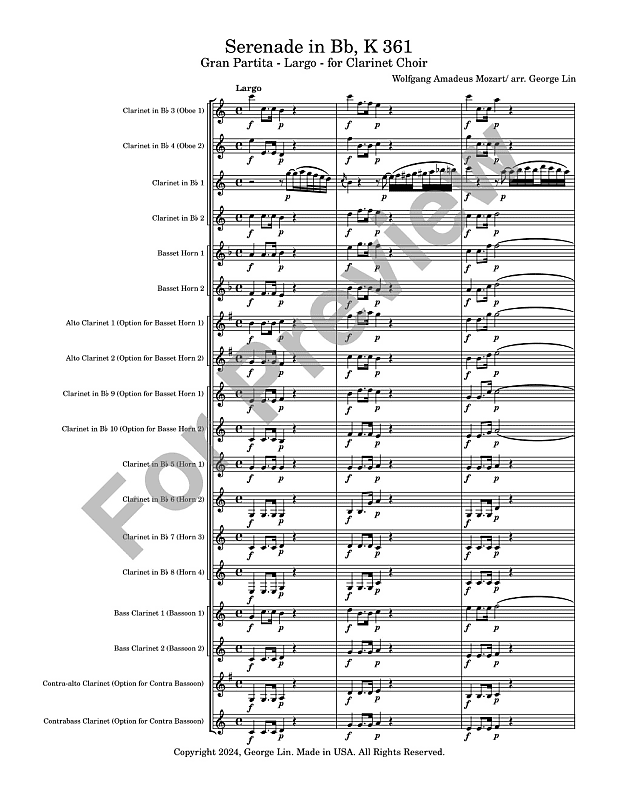 Clarinet Choir Sheet Music: Score and Parts - Gran Partita - Movement 1 (Largo) - WA Mozart, arranged for Clarinet Choir image 1