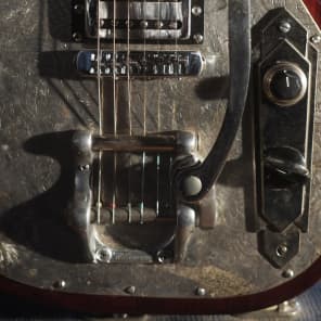 Postal Handmade Gulf Coast Rebel Metal Top Silver Plate and Bloodwood Distressed Bigsby image 5