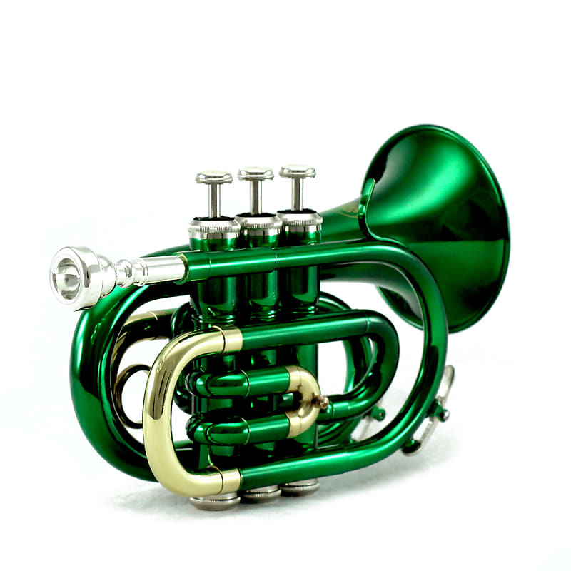 Sky Band Approved Green Plated Brass Bb Pocket Trumpet with Case, Cloth,  Gloves and Valve Oil