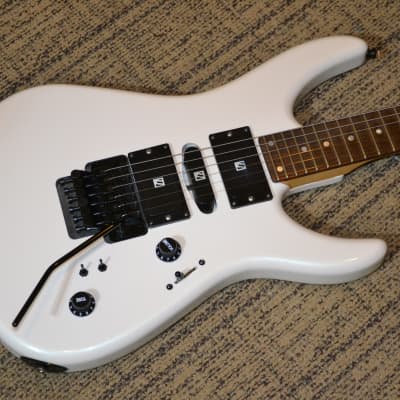 Mark Lacey solid body prototype boutique electric guitar.  24 fret, Floyd Rose, pearl white, very rare, excellent. image 2