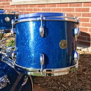 1959/60 Gretsch Round Badge Broadkaster Name-Band Drum Set - Blue Glass Glitter 22/13/16/5x14 Snare image 4