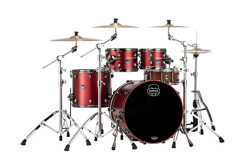 MAPEX SATURN EVOLUTION CLASSIC BIRCH 4-PIECE SHELL PACK - HALO MOUNTING SYSTEM - BIRCH AND WALNUT HYBRID SHELL - FINISH: Tuscan Red Lacquer (PA)  HARDWARE: Black Brushed Hardware (B) image 1