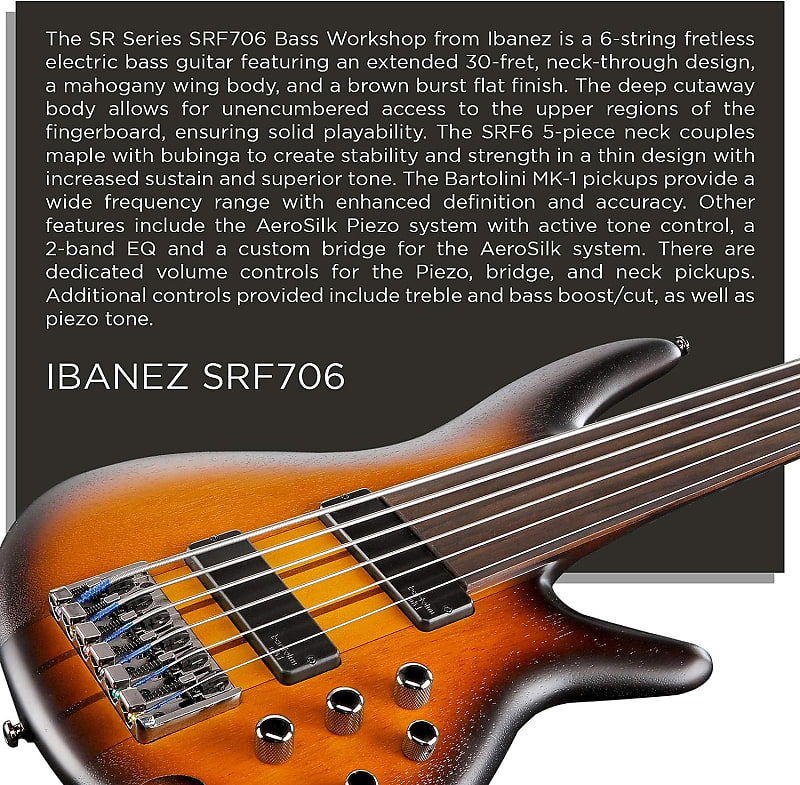Ibanez SRF706-BBF SR Series Fretless 6-String Bass Brown Burst Flat