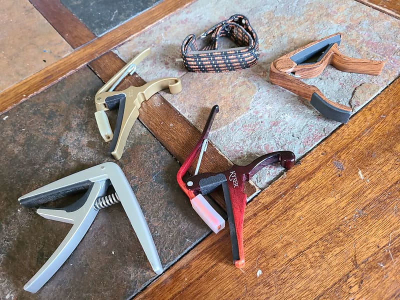 Kyser lot 5 capos Dunlop, vintage silver, gold, wood Reverb