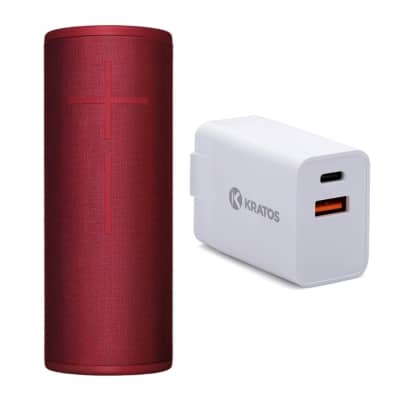 Ultimate Ears MEGABOOM 3 Wireless Bluetooth Speaker (Sunset Red) with included Cable & Wall Plug Bundled with Two-Port Power Adapter image 1