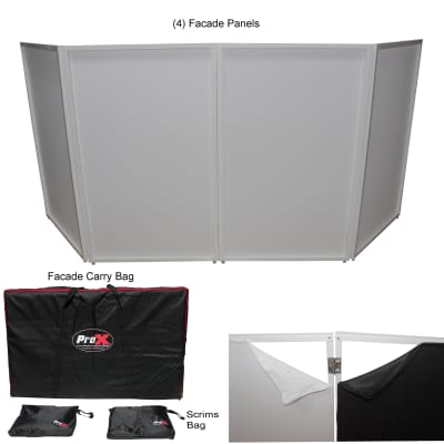 ProX XF-MESAMEDIA MK2 DJ Facade Table Workstation with TV Bracket Mount,  White & Black Scrims, and Carry Bag