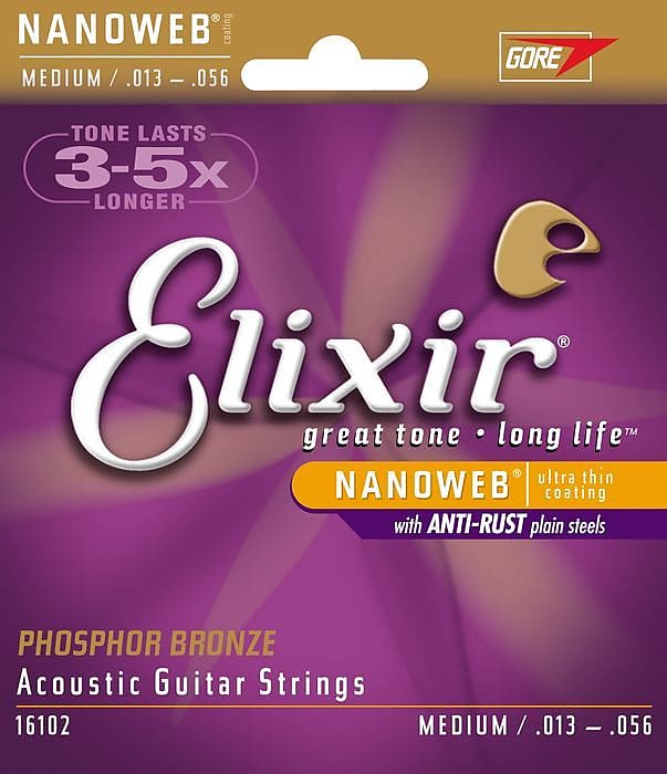 Elixir 16102 Nanoweb Phosphor Bronze Medium Acoustic Guitar Strings (13-56) image 1