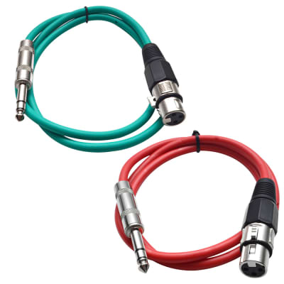 2 Pack of 1/4 Inch to XLR Female Patch Cables 2 Foot Extension Cords Jumper - Green and Red image 1