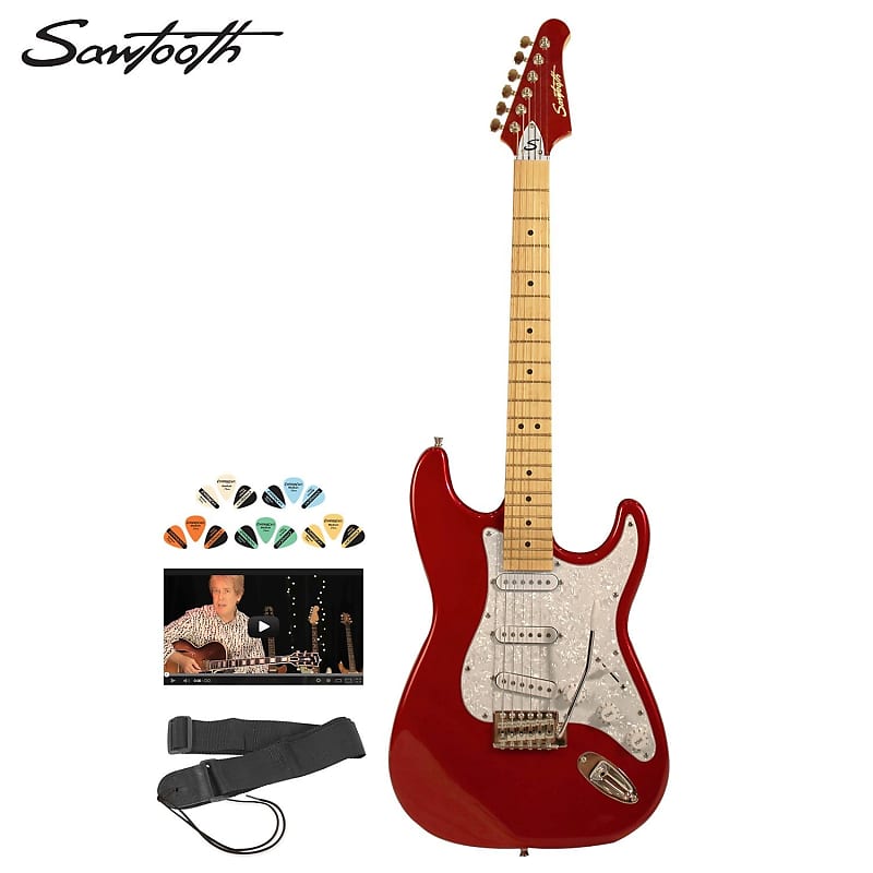 Sawtooth Candy Apple Red ES Series Electric Guitar w/ Pearl White Pickguard - Includes: Strap, Picks & Online Lesson image 1