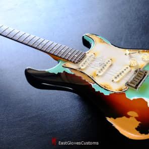 Fender Stratocaster Surf Green over Sunburst Made in USA Heavy Aged Relic image 2