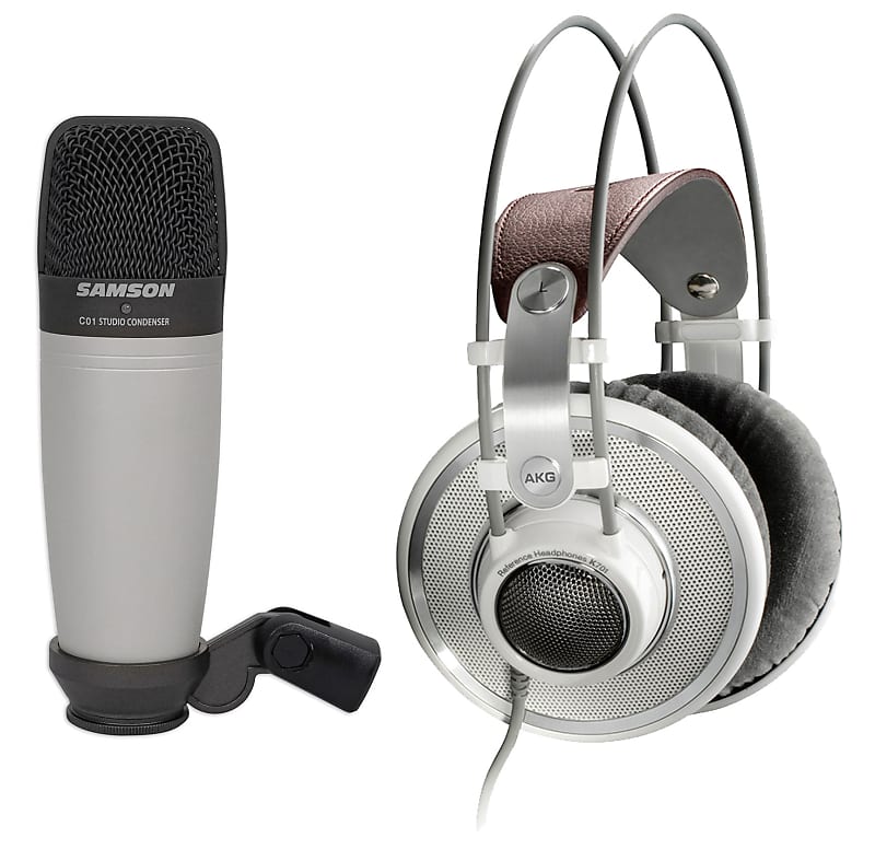 AKG K701 Open-Back Studio Reference Monitor Headphones+Samson Recording Mic  			