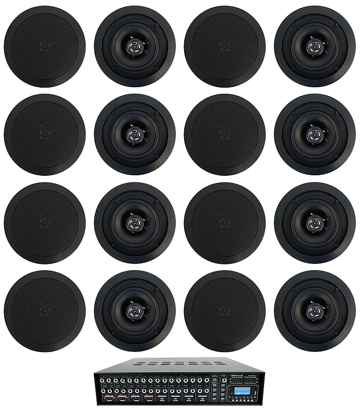 Rockville 4-Zone Multi Room Audio System w/ (16) 5.25&quot; Black Ceiling Speakers  			