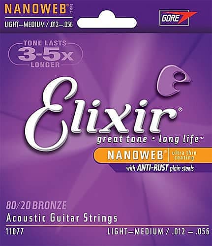 Elixir Nanoweb 80/20 Bronze Light-Medium Acoustic Guitar Strings 12-56 image 1