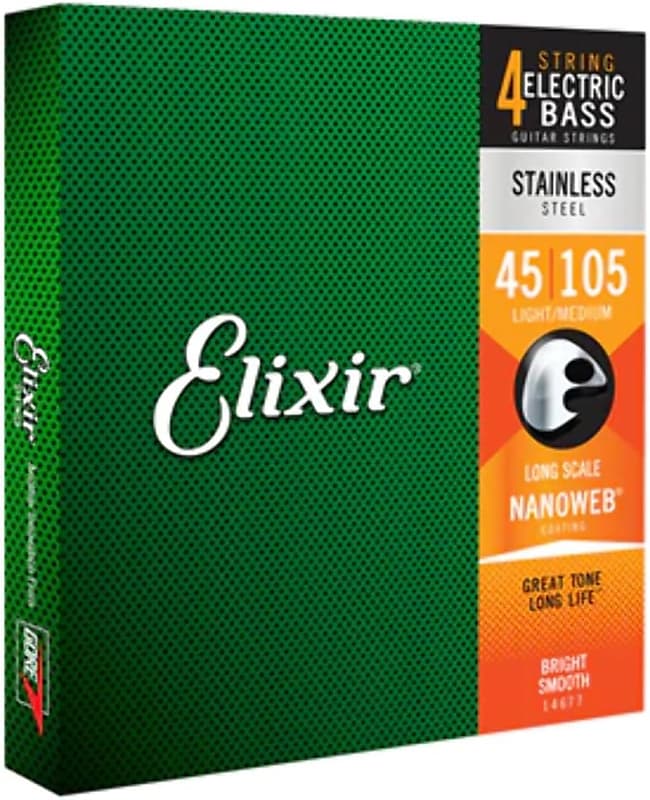 Elixir Strings Stainless Steel 4-String Bass Strings w NANOWEB Coating, Long Scale, Light/Medium (.045-.105) image 1