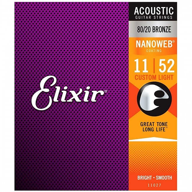 Elixir 11027 Acoustic Guitar Strings Nanoweb Custom Light 11-52 80/20 Bronze A-NW-CL image 1