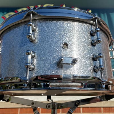 C&C Drum Company 6.5x14 Steel Snare Drum Silver Sparkle *Video Demo* image 8