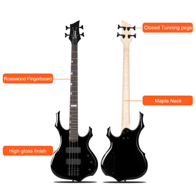 Glarry Full Size 4 String Burning Fire Enclosed H-H Pickup Electric Bass Guitar with 20W Amplifier Bag Strap Connector Wrench Tool 2020s - Black image 6