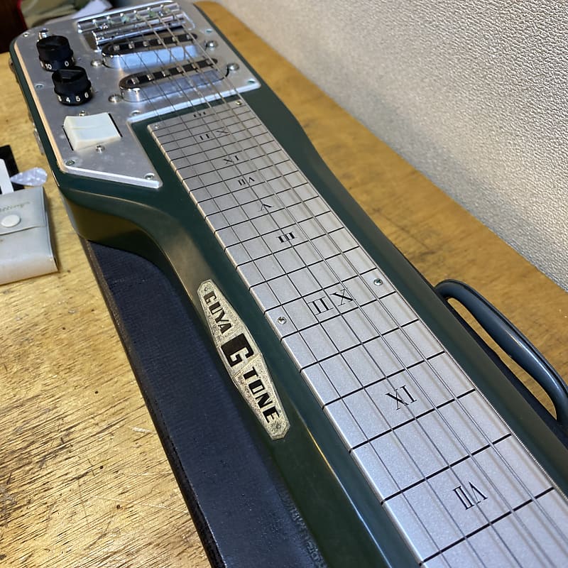 Vintage Guyatone HG96C lap slide, steel guitar with hard case, steel,  string, picks etc.