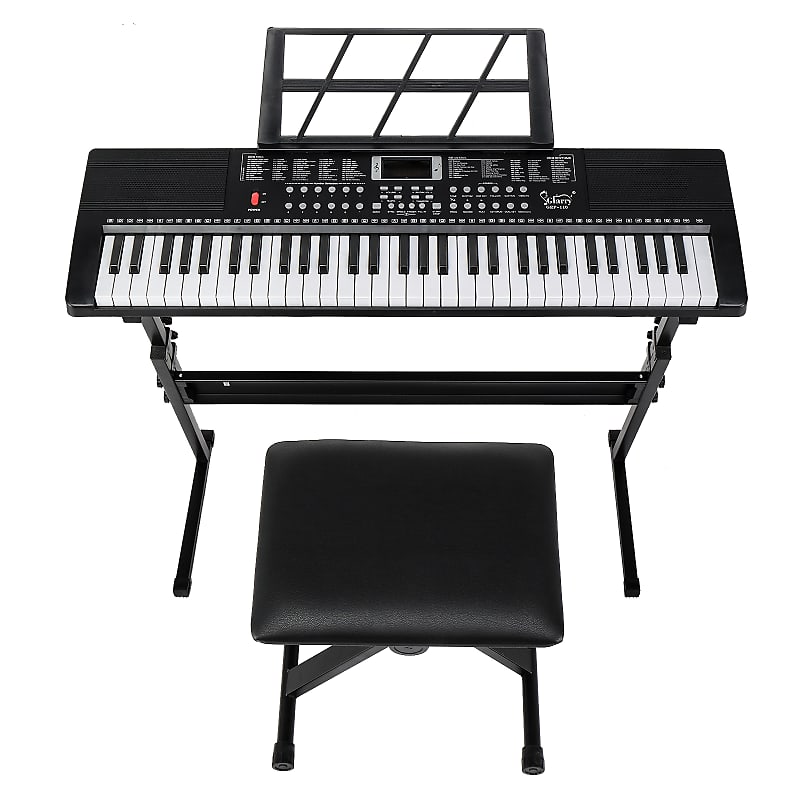 Glarry EP-110 61 Key Keyboard with Piano Stand, Piano Bench, Built In Speakers, Headphone, Microphone, Music Rest, LED Screen, 3 Teaching Modes for Beginners 2020s - Black image 1