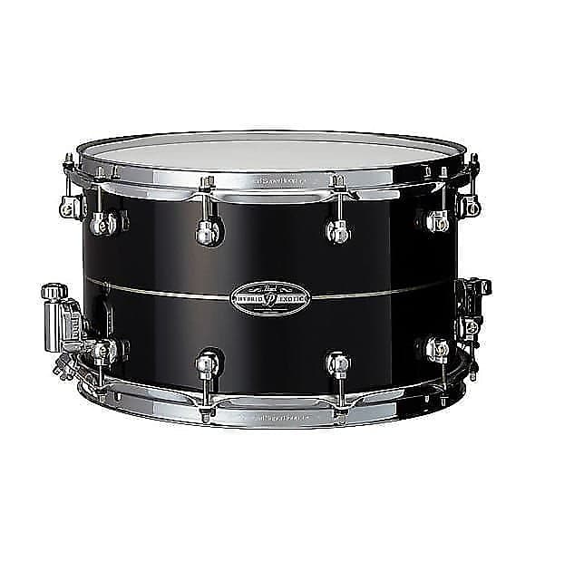 Pearl HEK1480308 8x14" Hybrid Exotic Kapur/Fiberglass Snare Drum in Ebony Gloss w/ Pearl Inlay image 1