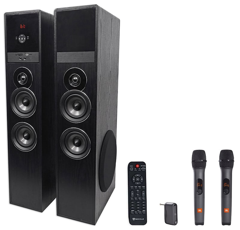 Rockville TM80B Home Theater Tower Speakers w/8&quot; Sub/Bluetooth+JBL Wireless Mics  			