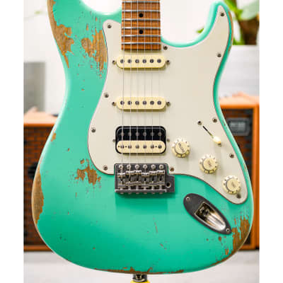 Luxxtone Choppa S Heavy Aging HSS-Seafoam Green w/Aged Parchment Pickguard & 1-Piece Roasted Flame Maple Neck for sale