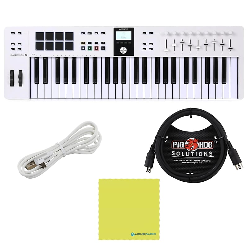 Arturia KeyLab Essential 49 mk3 MIDI Controller, White Bundle w/Pig Hog MIDI Cable, USB Cable & Liquid Audio Polishing Cloth image 1