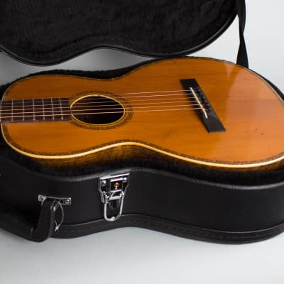 Concert Size Flat Top Acoustic Guitar, labeled Galiano,  c. 1925, black hard shell case. image 12