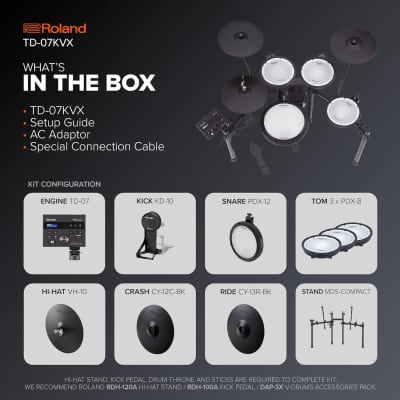 Roland TD-07KVX Electronic V-Drums Kit – with VH-10 Floating Hi-Hat and Best-Ever Cymbals – Bluetooth Audio & MIDI – 40 Free Melodics Lessons,Black image 3