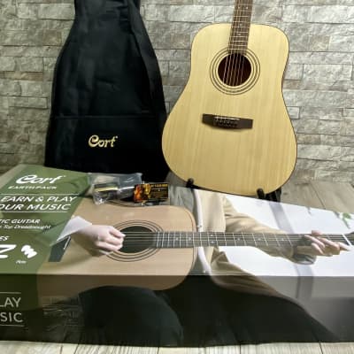 Cort Earth-Pack-OP - Acoustic Dreadnought Guitar Pack-Open Pore, Natural, Includes Tuner, Strap, Picks, Gig Bag for sale