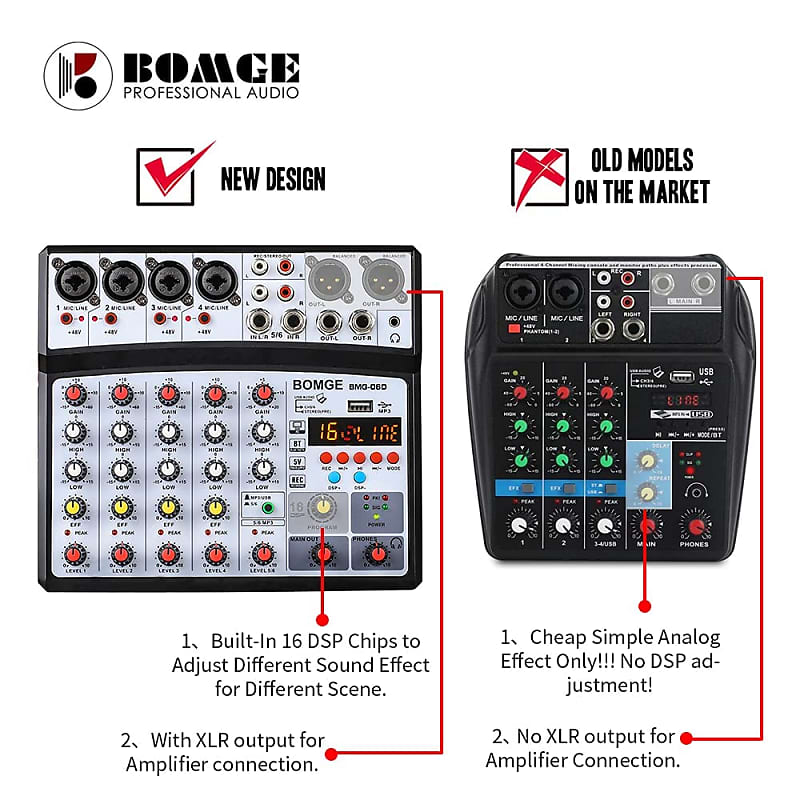 6-Channel Audio Mixer DJ Controller 7 Band EQ, 16 DSP Effects & USB