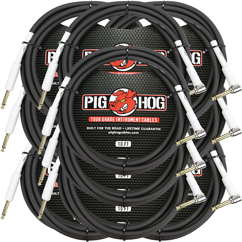 10 Pack Pig Hog PH10R Tour Grade 1/4" TS Straight to Right Angle Instrument Cable - 10' image 1